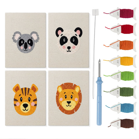 Koala and Panda mini punch needle kit set: four finished canvases with threads, punch needle and threader