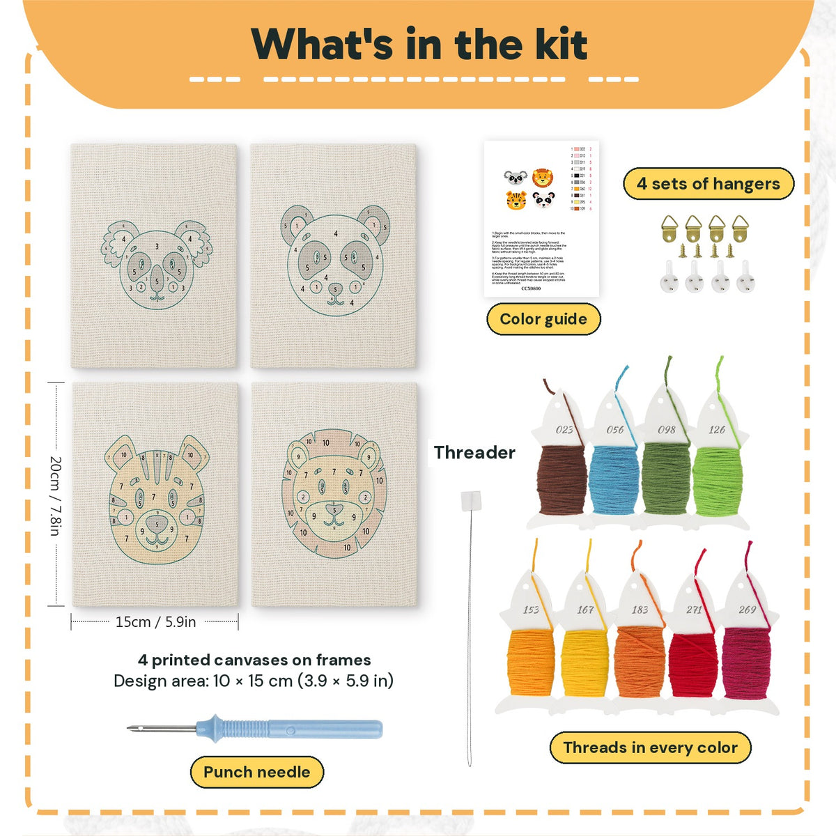 What is in the Koala and Panda set: 4 printed canvases, punch needle, threader, threads, color guide and 4 sets of hangers (6 × 8 in (15 × 20 cm) each)
