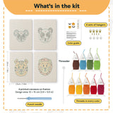 What is in the Koala and Panda set: 4 printed canvases, punch needle, threader, threads, color guide and 4 sets of hangers (6 × 8 in (15 × 20 cm) each)