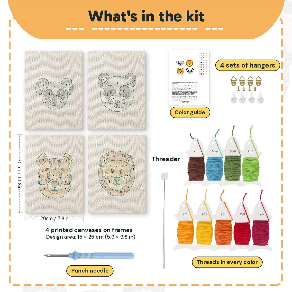 What is in the Koala and Panda set, 8 × 12 in (20 × 30 cm) each: 4 printed canvases, punch needle, threader, threads, color guide and 4 sets of hangers