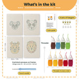 What is in the Koala and Panda set, 8 × 12 in (20 × 30 cm) each: 4 printed canvases, punch needle, threader, threads, color guide and 4 sets of hangers