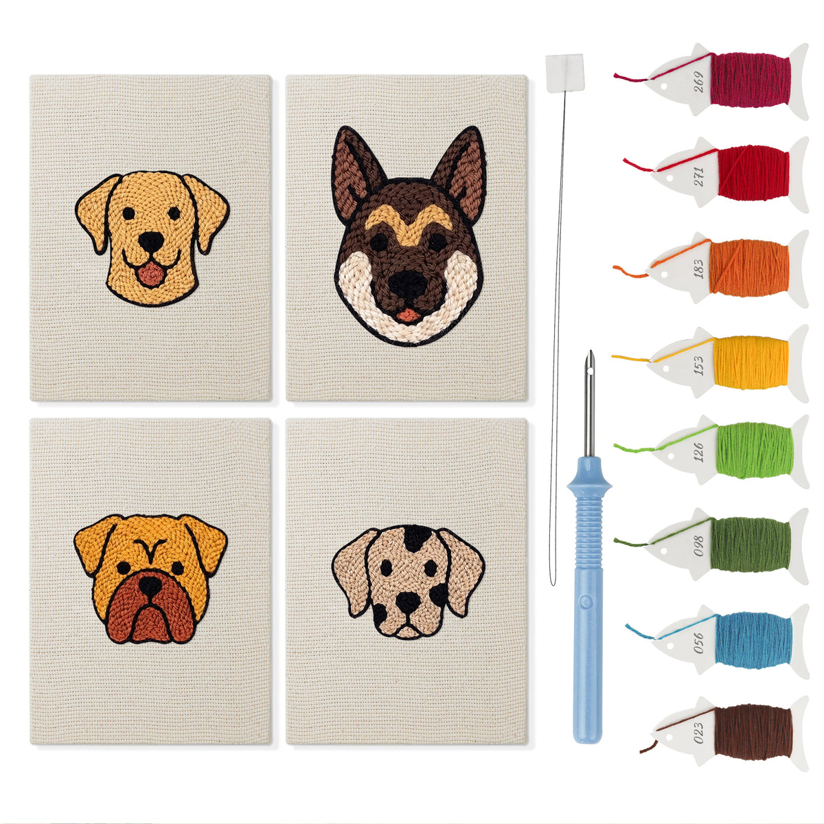 Labrador and Shepherd mini punch needle kit set: four finished canvases with threads, punch needle and threader