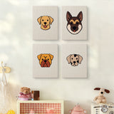 The four Labrador and Shepherd mini canvases on a wall above a shelf