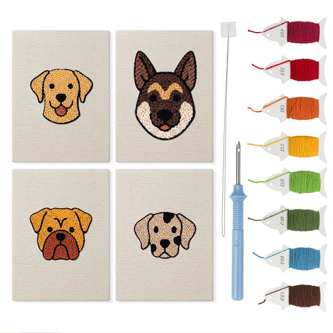 Labrador and Shepherd mini punch needle kit set: four finished canvases with threads, punch needle and threader