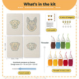What is in the Labrador and Shepherd set: 4 printed canvases, punch needle, threader, threads, color guide and 4 sets of hangers (6 × 8 in (15 × 20 cm) each)