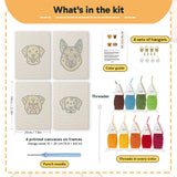 What is in the Labrador and Shepherd set, 8 × 12 in (20 × 30 cm) each: 4 printed canvases, punch needle, threader, threads, color guide and 4 sets of hangers