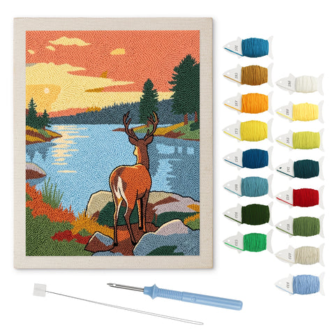 Lakeside Deer punch needle kit: finished canvas with threads, punch needle and threader