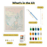 What is in the Lakeside Deer kit: printed canvas, punch needle, threader, threads, color guide and hangers
