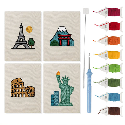 Landmark Postcards mini punch needle kit set: four finished canvases with threads, punch needle and threader