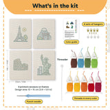 What is in the Landmark Postcards set: 4 printed canvases, punch needle, threader, threads, color guide and 4 sets of hangers (6 × 8 in (15 × 20 cm) each)