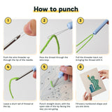 Six steps showing how to thread and use the punch needle