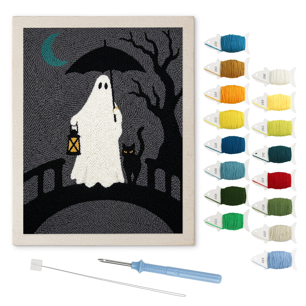 Lantern Bridge Ghost punch needle kit: finished canvas with threads, punch needle and threader