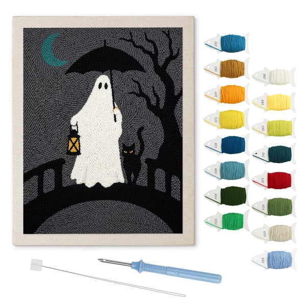 Lantern Bridge Ghost punch needle kit: finished canvas with threads, punch needle and threader
