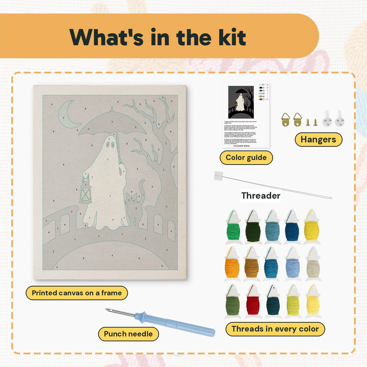What is in the Lantern Bridge Ghost kit: printed canvas, punch needle, threader, threads, color guide and hangers