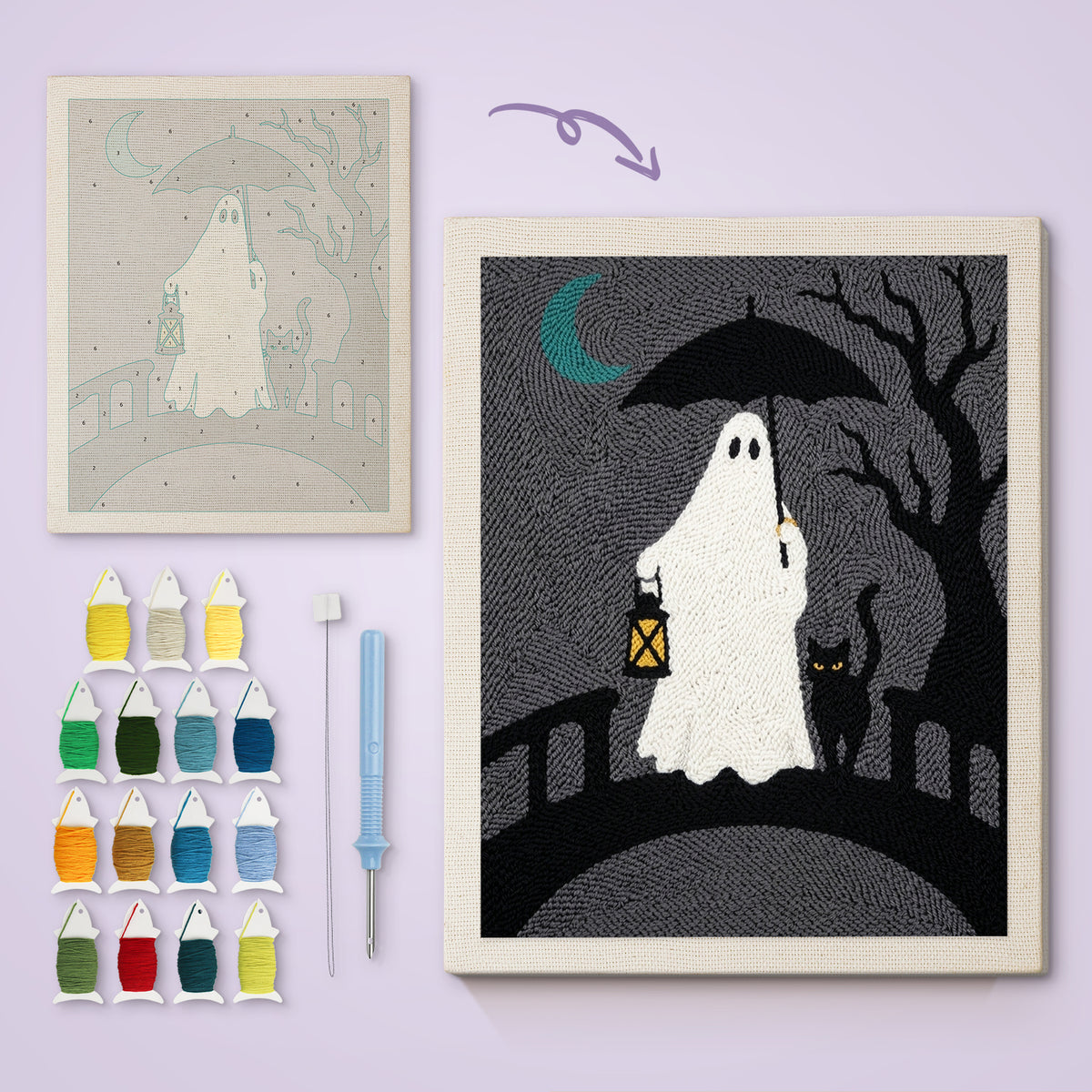 Lantern Bridge Ghost canvas before and after punching, with the threads and tools