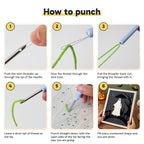 Six steps showing how to thread and use the punch needle