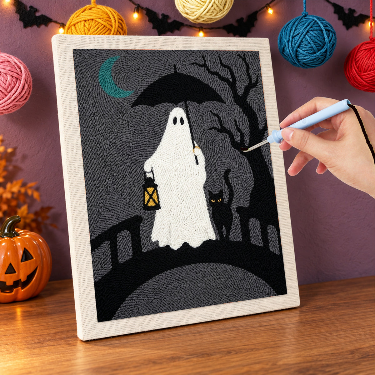 Punching the Lantern Bridge Ghost design with the punch needle