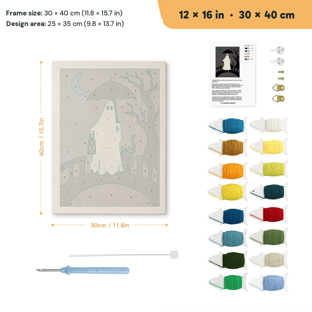 Lantern Bridge Ghost punch needle kit, 12 × 16 in (30 × 40 cm): canvas size and kit contents