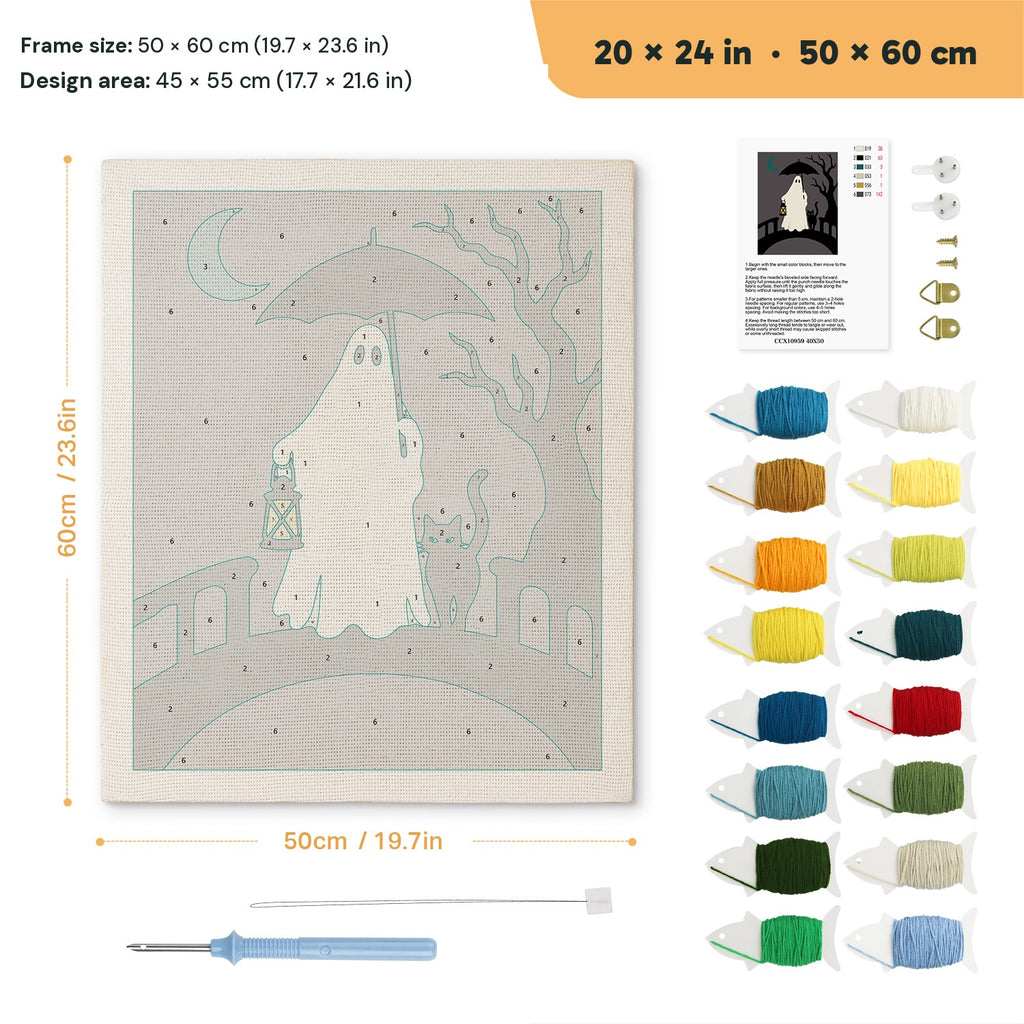 Lantern Bridge Ghost punch needle kit, 20 × 24 in (50 × 60 cm): canvas size and kit contents