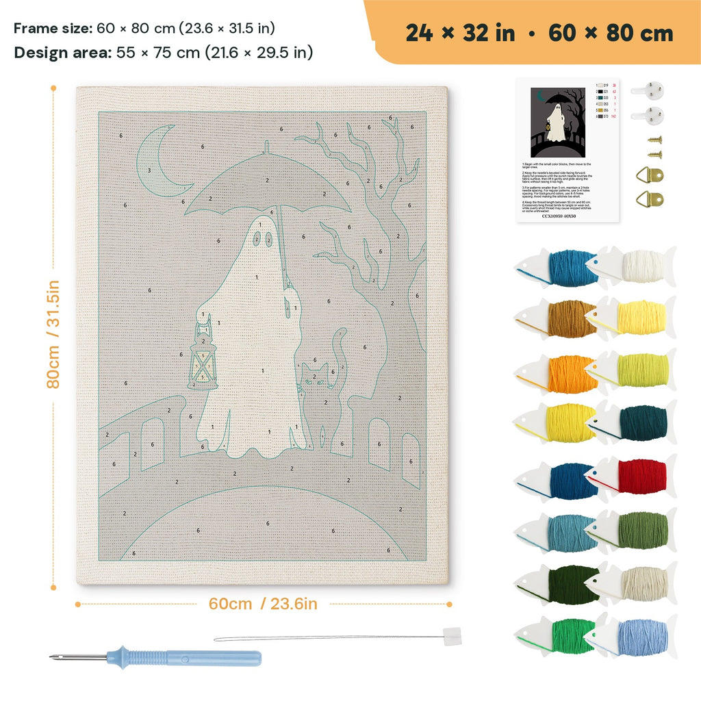 Lantern Bridge Ghost punch needle kit, 24 × 32 in (60 × 80 cm): canvas size and kit contents