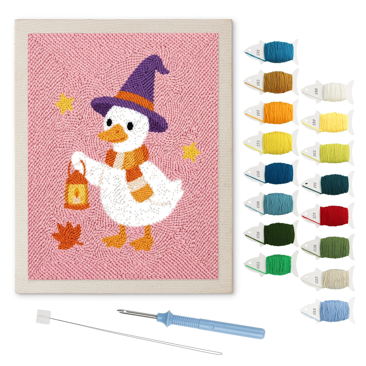 Lantern Goose punch needle kit: finished canvas with threads, punch needle and threader