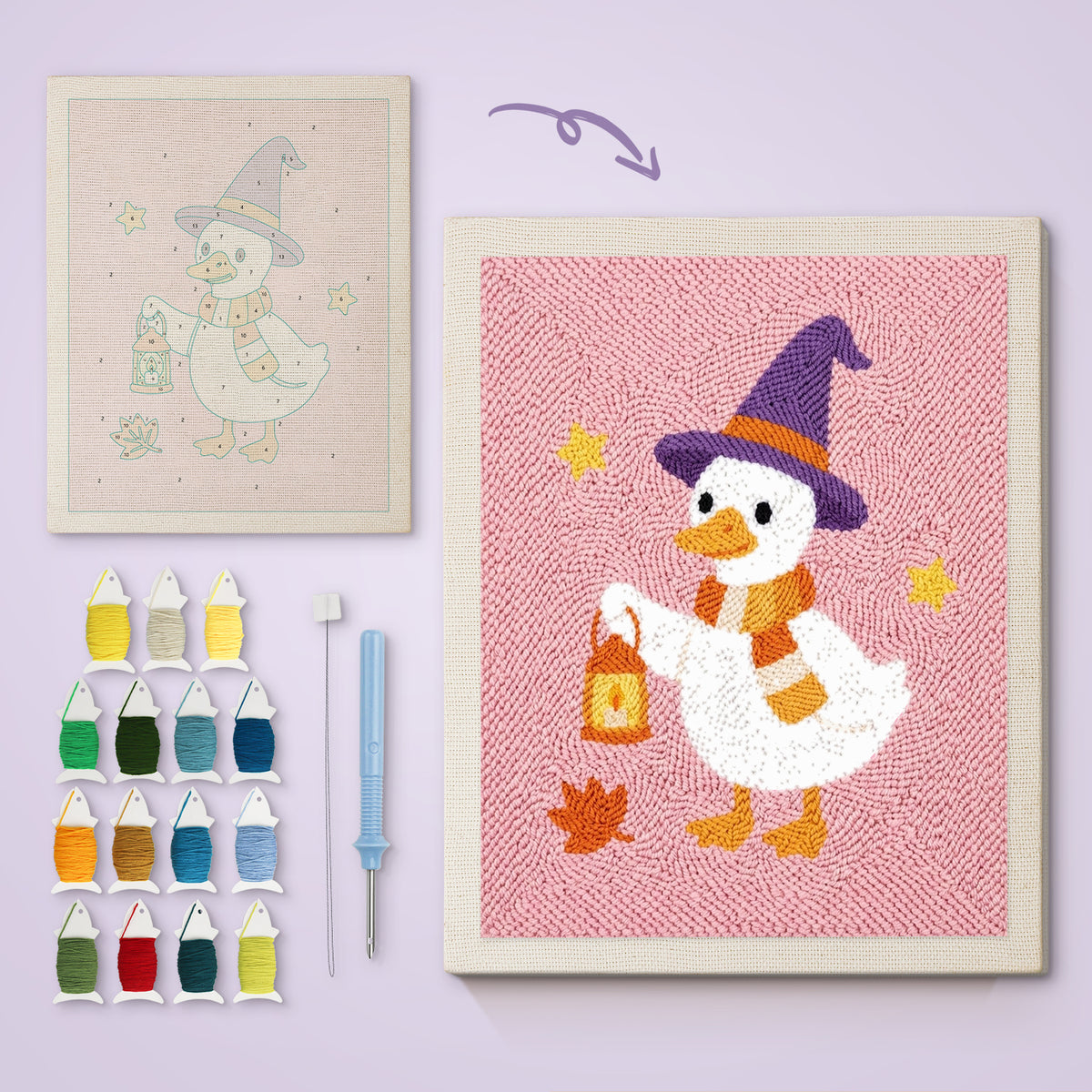 Lantern Goose canvas before and after punching, with the threads and tools