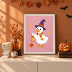 Finished Lantern Goose punch needle canvas on a wall