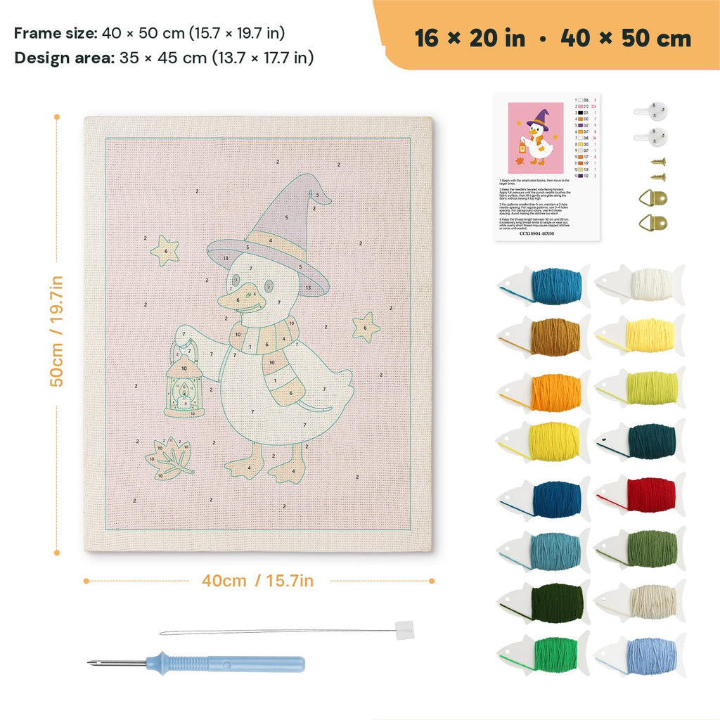 Lantern Goose punch needle kit, 16 × 20 in (40 × 50 cm): canvas size and kit contents