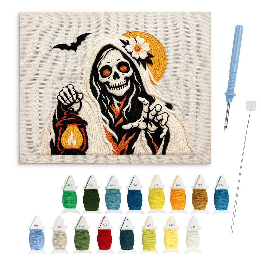 Lantern Reaper punch needle kit: finished canvas with threads, punch needle and threader
