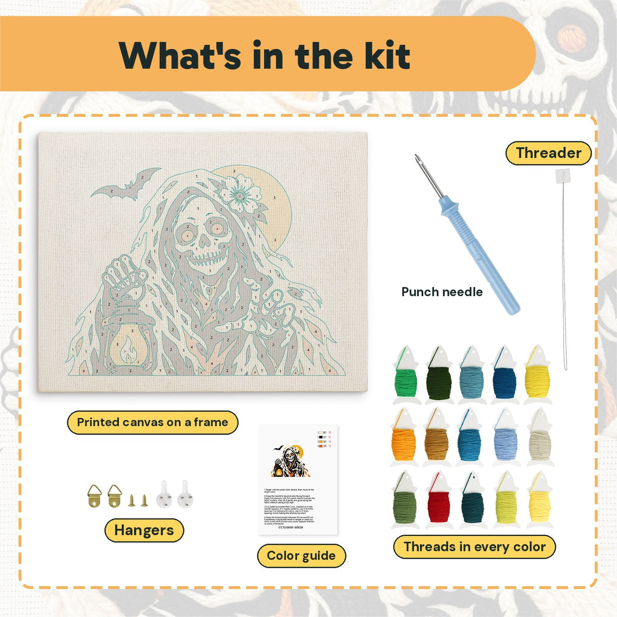 What is in the Lantern Reaper kit: printed canvas, punch needle, threader, threads, color guide and hangers