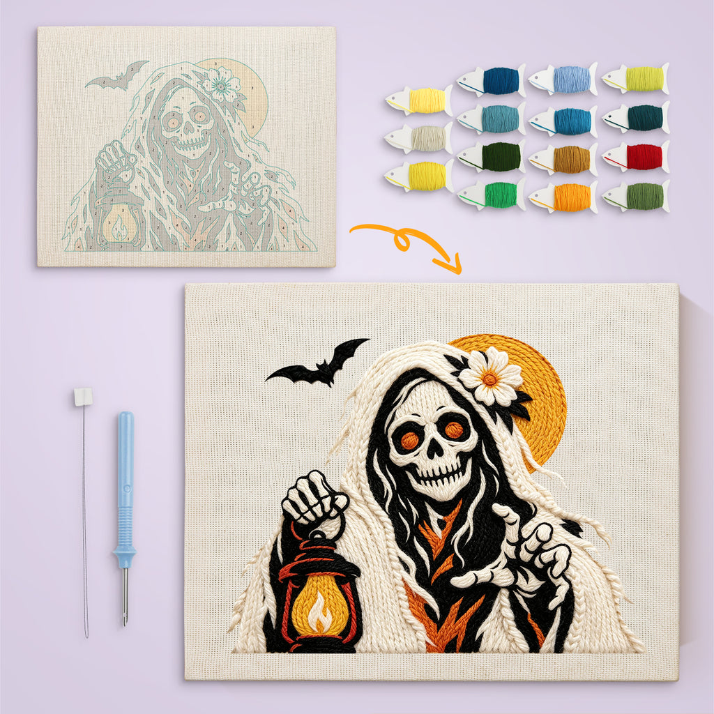 Lantern Reaper canvas before and after punching, with the threads and tools