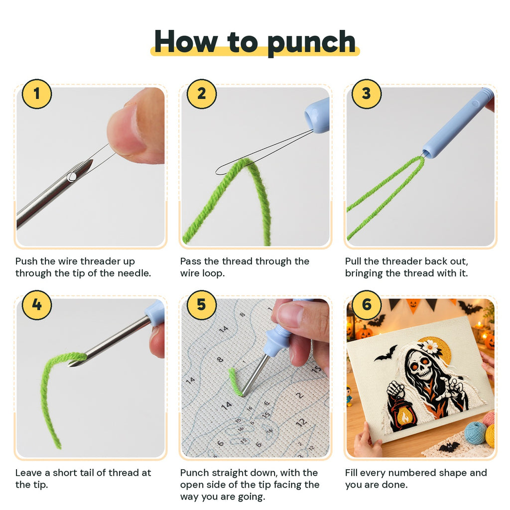 Six steps showing how to thread and use the punch needle