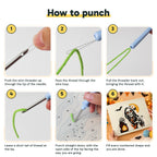 Six steps showing how to thread and use the punch needle
