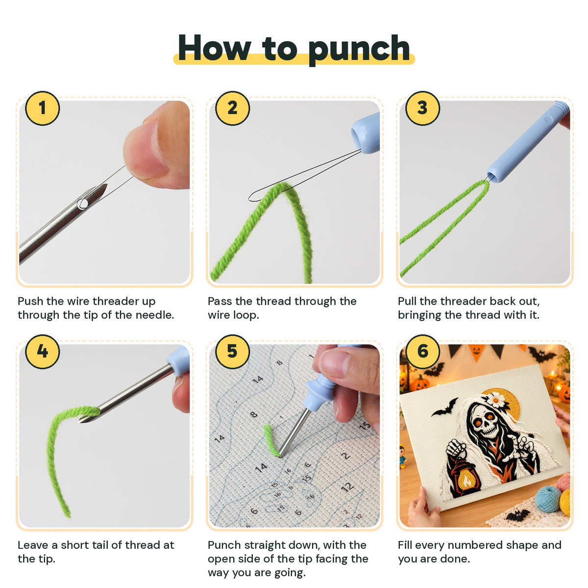 Six steps showing how to thread and use the punch needle