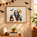 Finished Lantern Reaper punch needle canvas on a wall