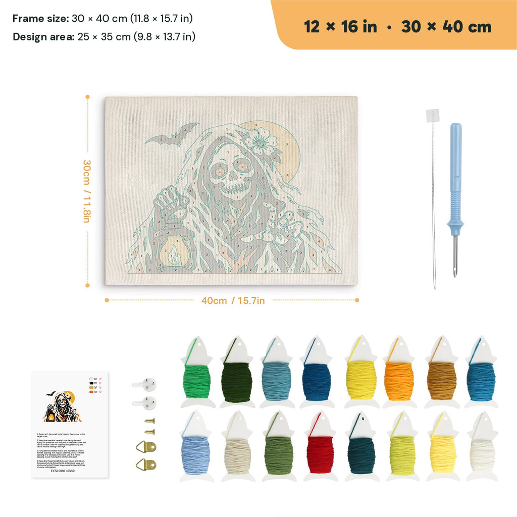 Lantern Reaper punch needle kit, 12 × 16 in (30 × 40 cm): canvas size and kit contents