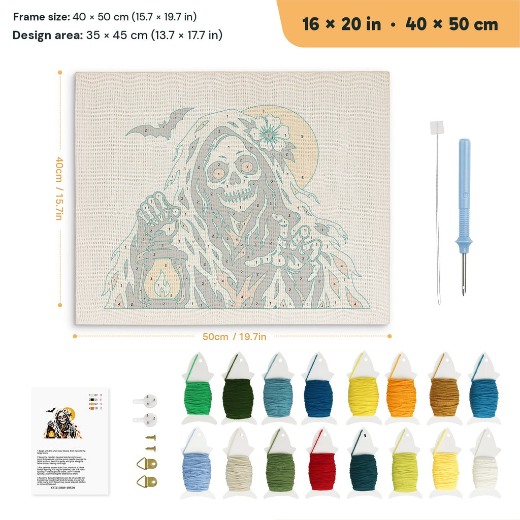 Lantern Reaper punch needle kit, 16 × 20 in (40 × 50 cm): canvas size and kit contents