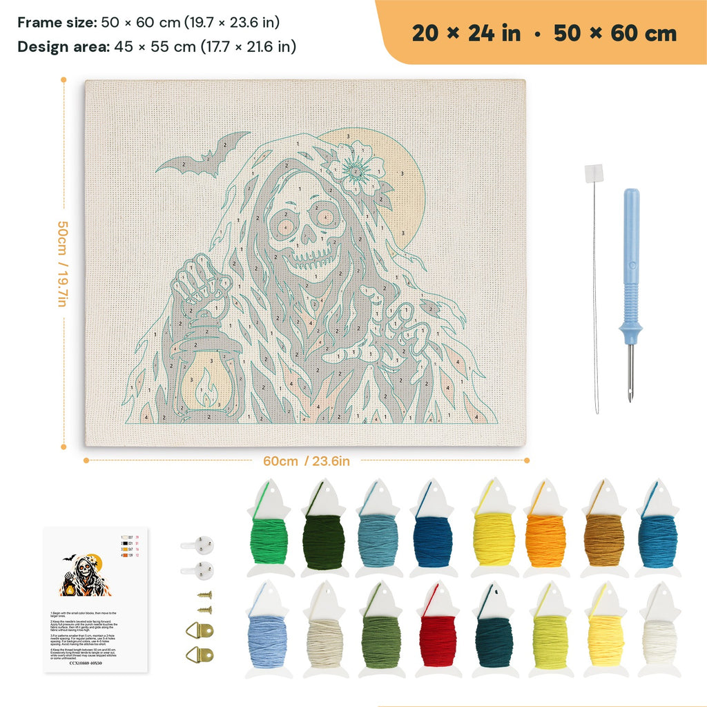 Lantern Reaper punch needle kit, 20 × 24 in (50 × 60 cm): canvas size and kit contents