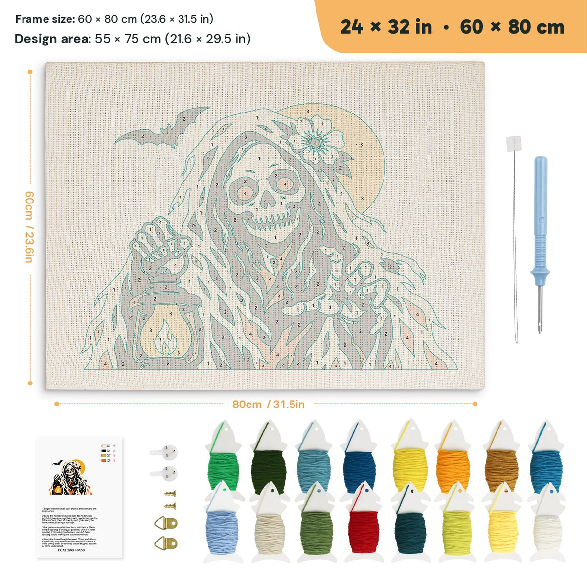 Lantern Reaper punch needle kit, 24 × 32 in (60 × 80 cm): canvas size and kit contents