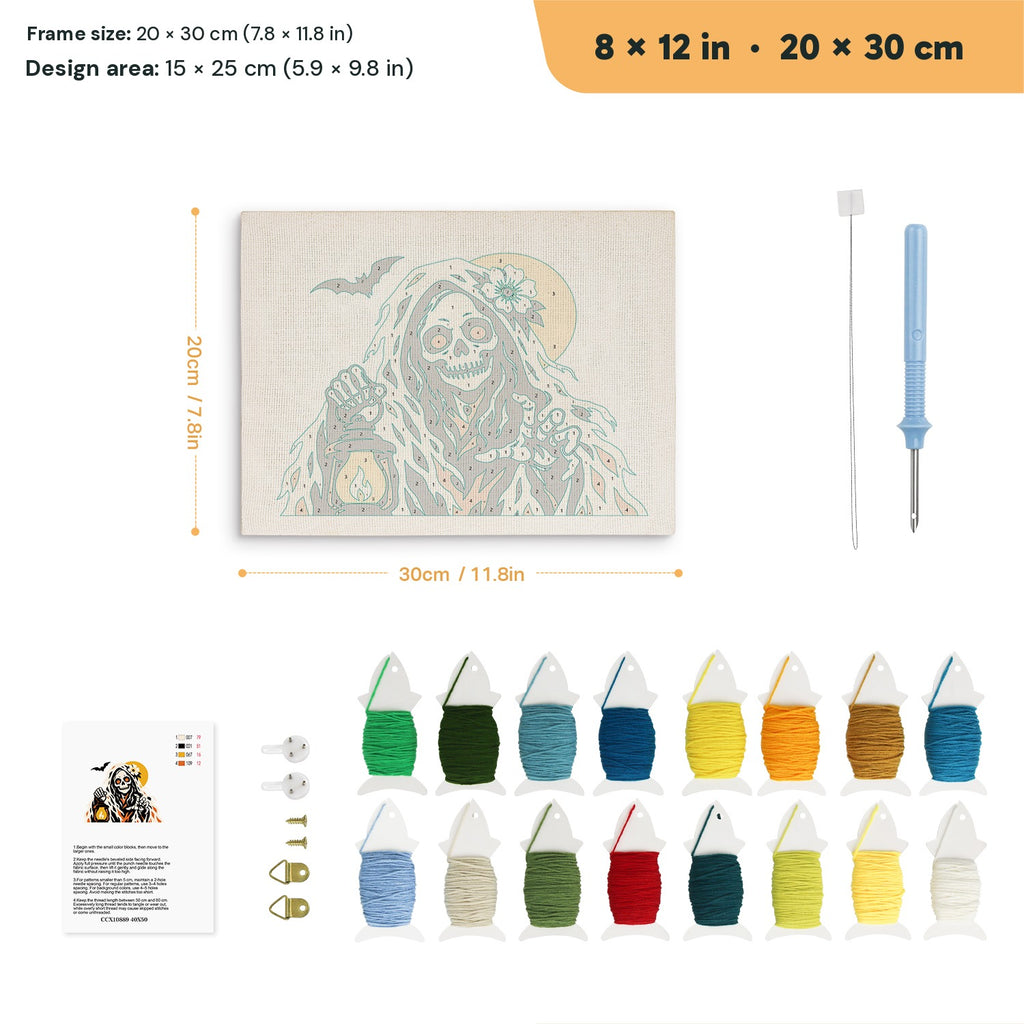Lantern Reaper punch needle kit, 8 × 12 in (20 × 30 cm): canvas size and kit contents