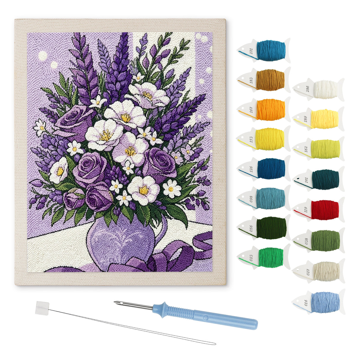 Lavender Bouquet punch needle kit: finished canvas with threads, punch needle and threader