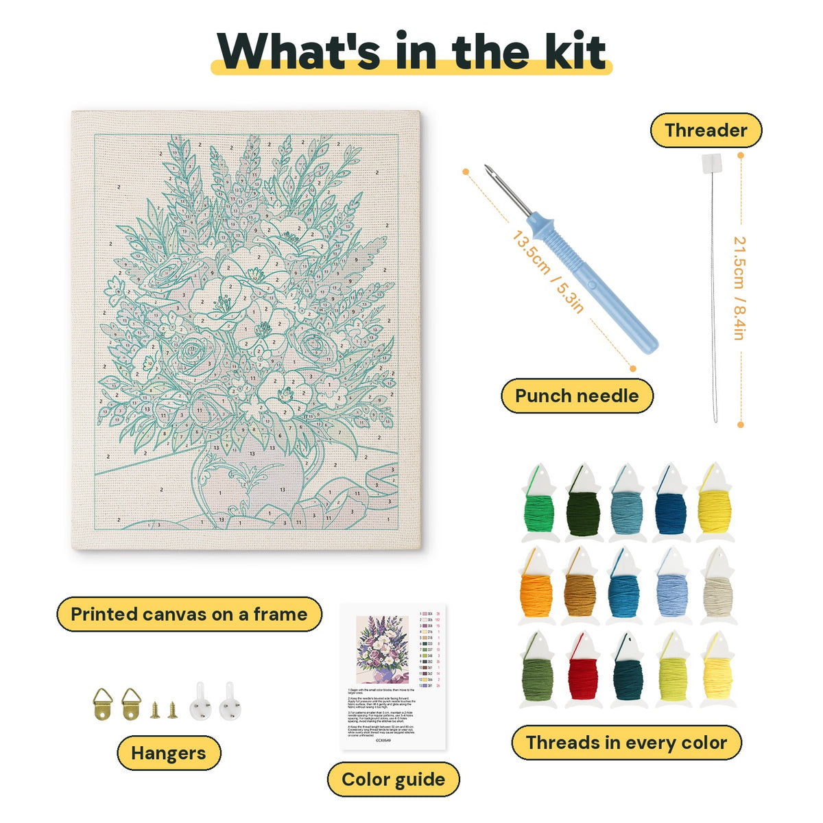 What is in the Lavender Bouquet kit: printed canvas, punch needle, threader, threads, color guide and hangers