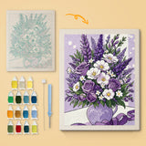 Lavender Bouquet canvas before and after punching, with the threads and tools