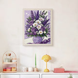 Finished Lavender Bouquet punch needle canvas on a wall