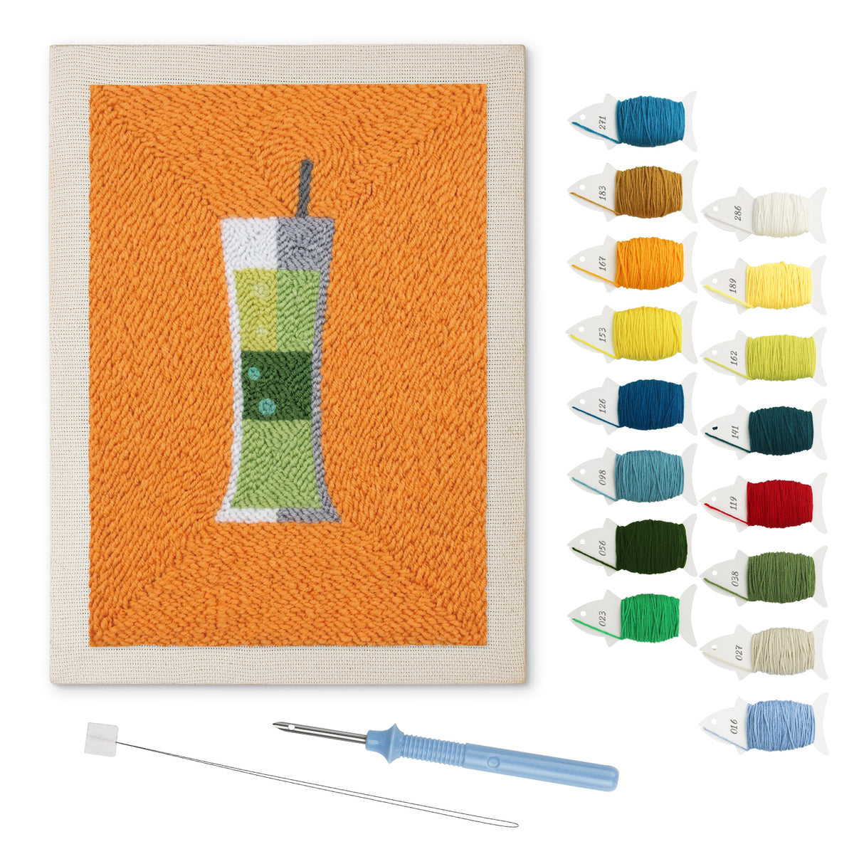 Layered Green Cooler punch needle kit: finished canvas with threads, punch needle and threader