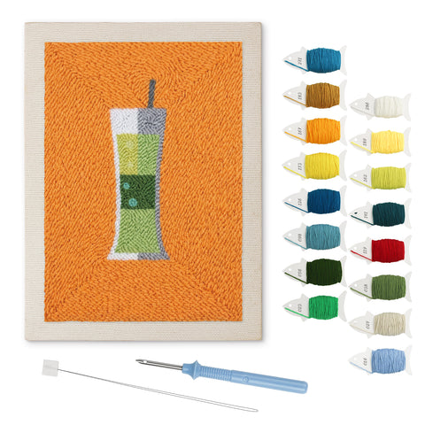 Layered Green Cooler punch needle kit: finished canvas with threads, punch needle and threader