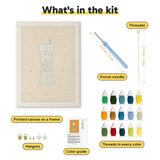 What is in the Layered Green Cooler kit: printed canvas, punch needle, threader, threads, color guide and hangers