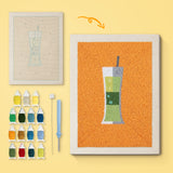 Layered Green Cooler canvas before and after punching, with the threads and tools