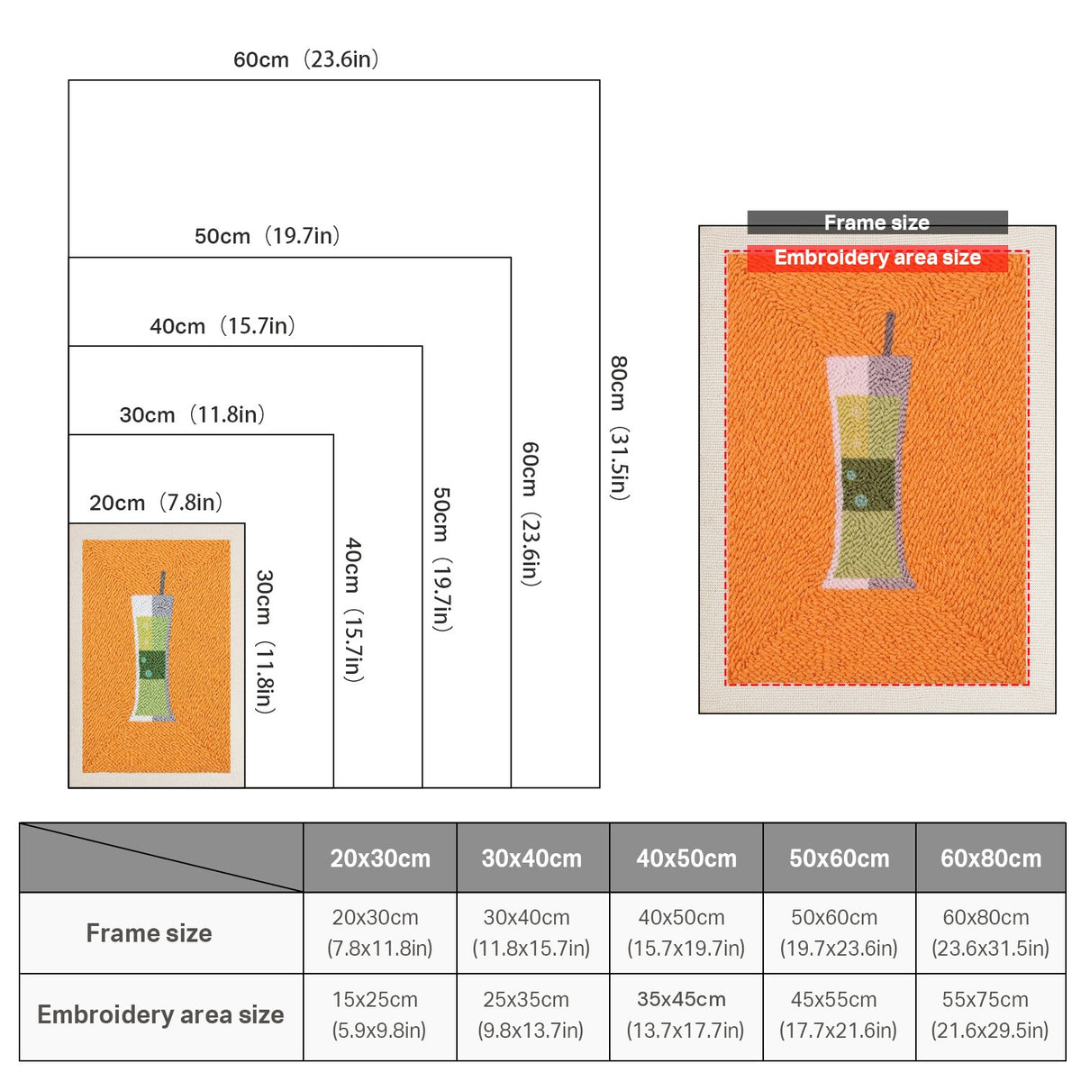 Size chart for punch needle kits from 20 x 30 cm to 60 x 80 cm