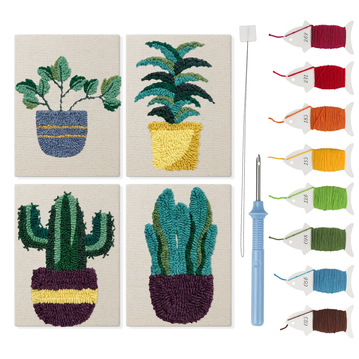 Leafy Houseplants mini punch needle kit set: four finished canvases with threads, punch needle and threader